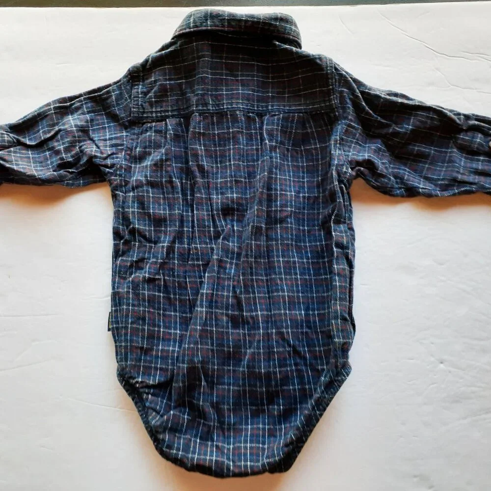 Oshkosh Boys Shirt Button Down Bodysuit Navy Plaid Long Sleeve 18 Months